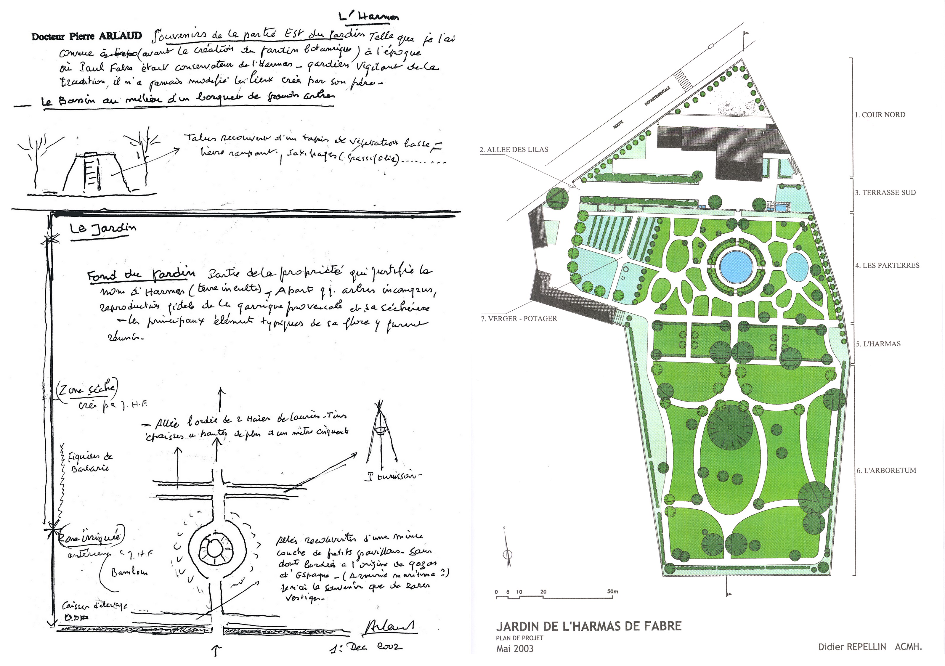 Le docteur Pierre Arlaud a retranscrit sur le papier les souvenirs qu’il avait du jardin, ce qui a contribué à sa restitution- © D.R (à gauche) Le plan d’ensemble du jardin réalisé à partir des divers éléments reconstitués - © D.R. (à droite)