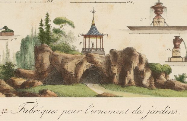 Gravure tirée de l’ouvrage de Gabriel Thouin « Plans raisonnés de toutes les espèces de jardins » représentant différents « ornements » de jardin dont une grotte surmontée d’un kiosque.