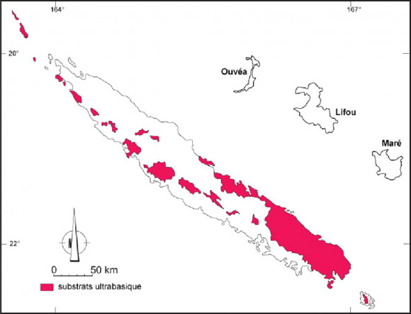 Figure 1 : Carte générale de la Nouvelle-Calédonie précisant la position des massifs issus de roches ophiolithiques (substrats ultrabasique) en rouge.