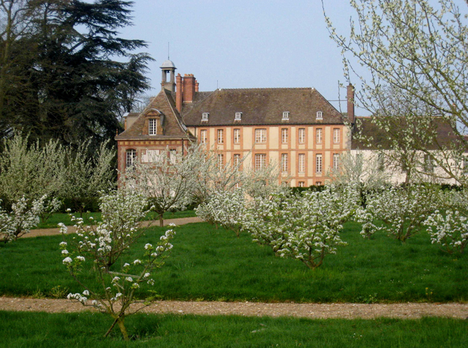 Le verger en fleurs devant les petites écoles © Régine Ménissier