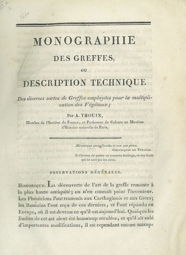 André Thouin, Monographie des greffes, (...), Paris : impr. de Mme Huzard, 1821, 100 p.