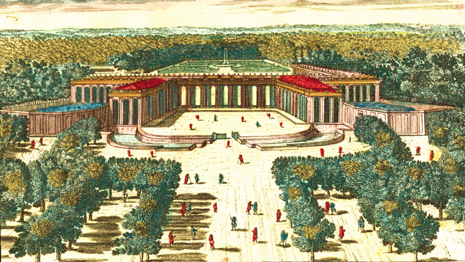 Vue du château de Trianon dans l'enclos du parc de Versailles par Chereau : la forêt est un lieu de promenade et de chasse. - © Bibliothèque municipale de Versailles Sites et monuments