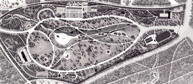 Le plan du jardin d'acclimatation réalisé dans le Bois de Boulogne par Jean-Pierre Barillet-Deschamps. Gravure extraite du monumental ouvrage de Jean-Charls Alphand "les Promenades de Paris" publié chez Rothschild entre 1867 et 1873.