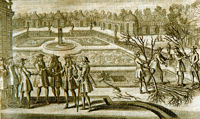 Jardiniers au travail dans un jardin du XVIIe siècle in J.B. La Quintinie. Instructions pour les jardins fruitiers et potagers, C.Barbin, Paris, 1690. (ENSP Versailles).