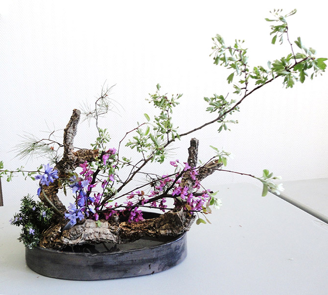 L’Ikebana utilise souvent des branches d’arbustes fleuris. Ici, un « paysage » avec arbre de Judée de Christiane Karsenty