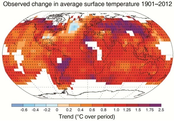 Carte de l’évolution des températures en surface observée entre 1901 et 2012 - © GIEC - http://www.climatechange2013.org/images/report/WG1AR5_SPM_brochure_fr.pdf